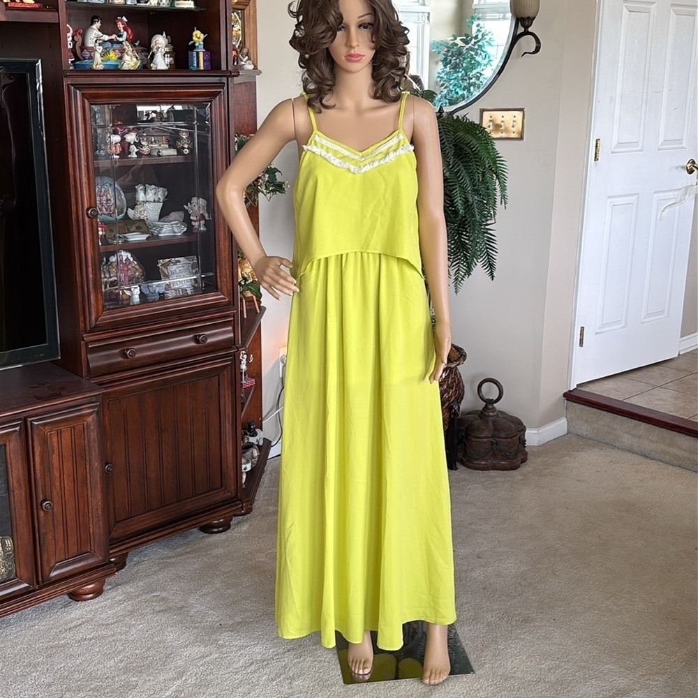 C. Luce Neon Citrus Yellow Maxi Dress w/ White Tassel Detail Stretch Waist